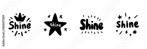 Shine Typography Icons In Hand Drawn Style Set. Inspirational And Motivational Doodle Sketch Collection. Positive Affirmation And Encouragement. Isolated Vector Illustration