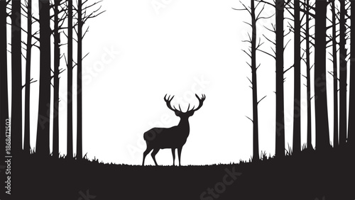 Majestic Deer Stag Silhouette with Forest Landscape on White Background.