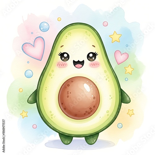 Cute Kawaii Avocado Watercolor – Adorable Smiling Fruit Illustration