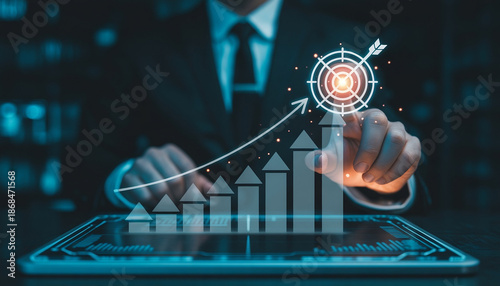 High-tech business interface showing strategic planning icons, upward arrows, and timeline moving into the future. Anonymous executive interacting with holographic dashboard.