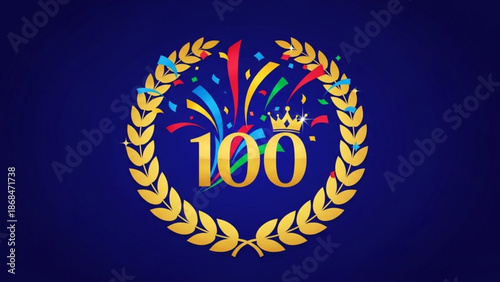 Vibrant gold 100th anniversary celebration logo with laurel wreath and colorful confetti on dark blue background with centennial and milestone