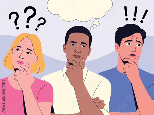 Diverse Group of People Thinking Deeply with Question Marks and Exclamation