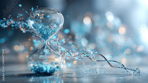 Glass hourglass with glowing DNA helix sand representing biological clock and genetic research concept in 3d rendering