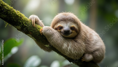 Adorable sloth clings to a mossy branch in a lush rainforest environment