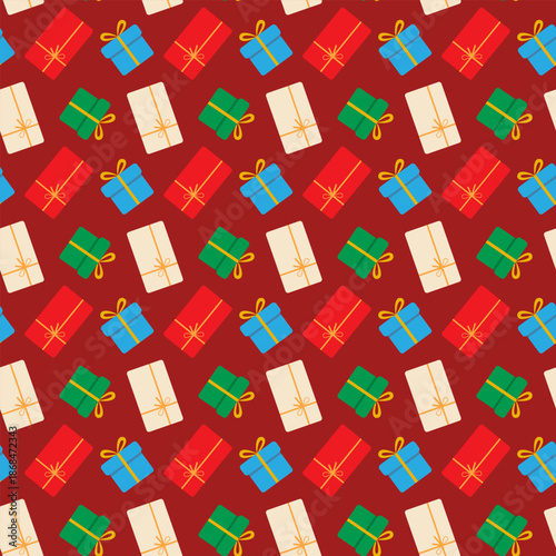 Multicolor gifts with Tied Ribbon Bow on trendy red Backdrop Seamless Pattern Holidays Backdrop Wrap. Vector illustration Wrapping paper backdrop Greeting Thematic Cards Fond Social Media post, blog
