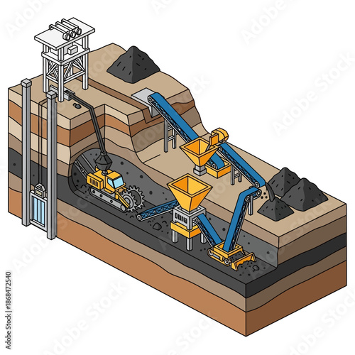 Isometric Cross Section of Coal Mining Operation with Underground and Surface Elements.
