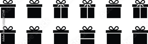 Set of black gift box icons with ribbons for presents surprises celebrations and holiday shopping symbols in minimalist style.
