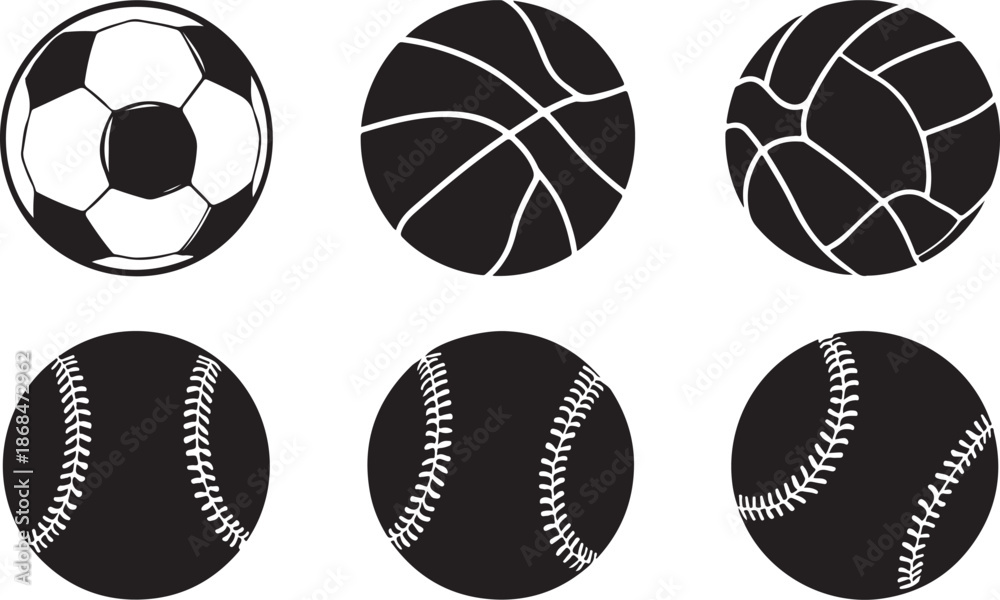 Obraz premium Six Different Sports Balls Silhouettes Including Soccer Basketball Volleyball Baseball And Softball