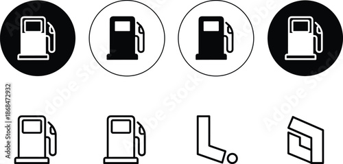 Set of fuel station and gas pump icons in outline and circular styles for automotive energy and transportation.