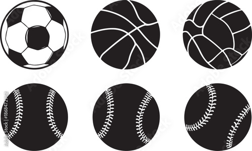 Six Different Sports Balls Silhouettes Including Soccer Basketball Volleyball Baseball And Softball