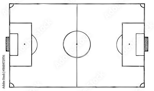 Hand drawn line art illustration of a soccer field depicting its full layout for sports planning