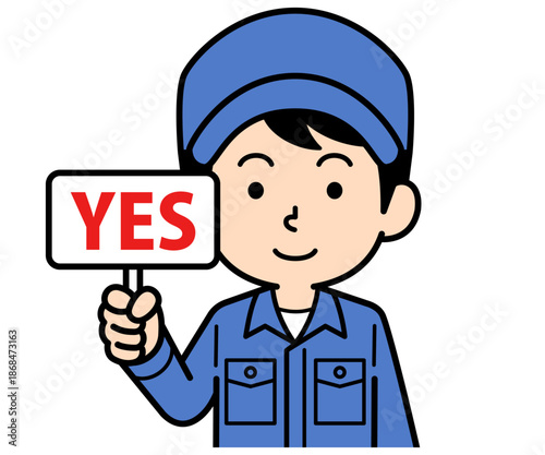 YESの札を持つシンプルな作業員の男性
