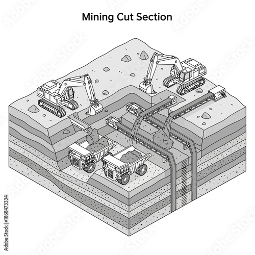 Isometric Cut Section View of an Open Pit Mining Operation with Heavy Machinery.