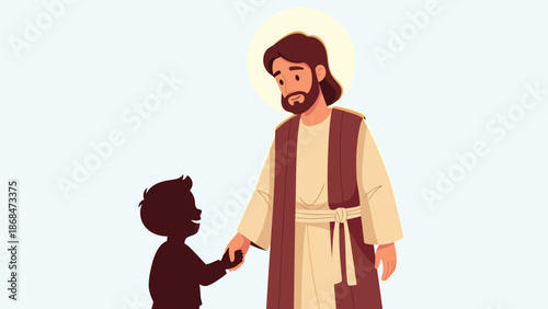 Illustration of a man with a halo holding a child's hand