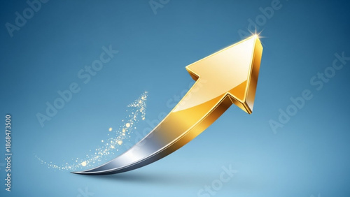 Golden arrow pointing upwards with sparkling particles on blue background indicating growth and success with progress and achievement and motivation