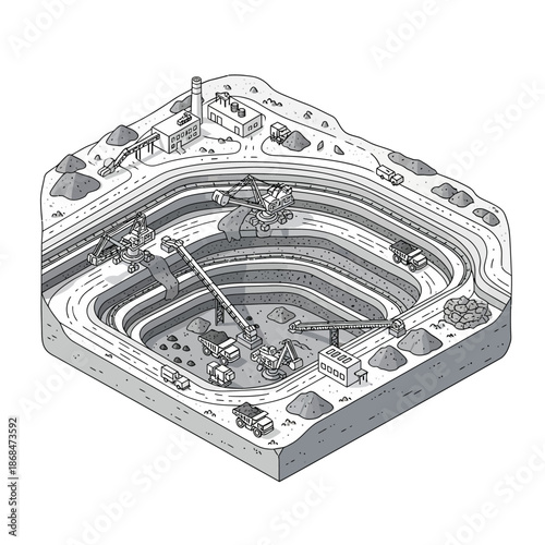 Isometric illustration of an open pit mine with heavy machinery.