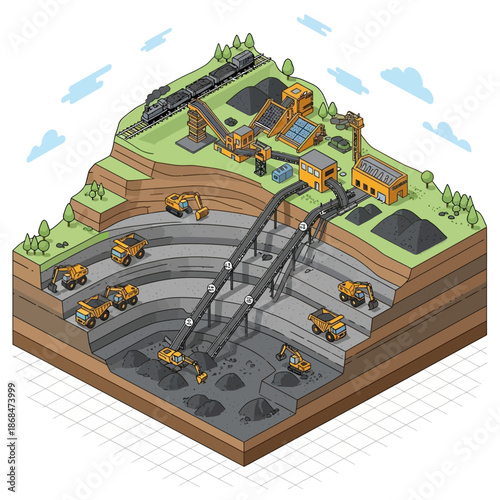 Isometric View of a Detailed Underground Coal Mining Operation.