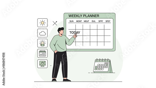 Man planning his week on a large calendar grid, daily schedule concept