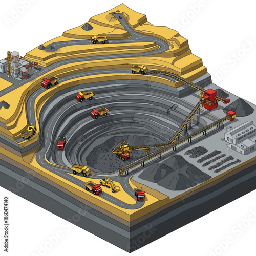 Isometric view of a large open-pit mine with heavy machinery.