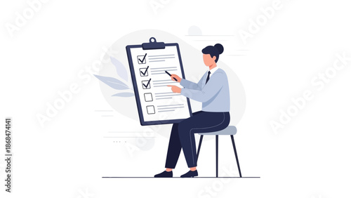 Businesswoman checking tasks on clipboard, planning and organization concept