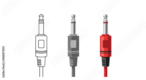 Three audio jack plugs in different styles including outline grayscale and color versions for music and sound equipment design.