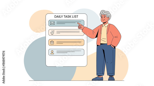 Man points at daily task list with icons for email, coffee, briefcase, and person