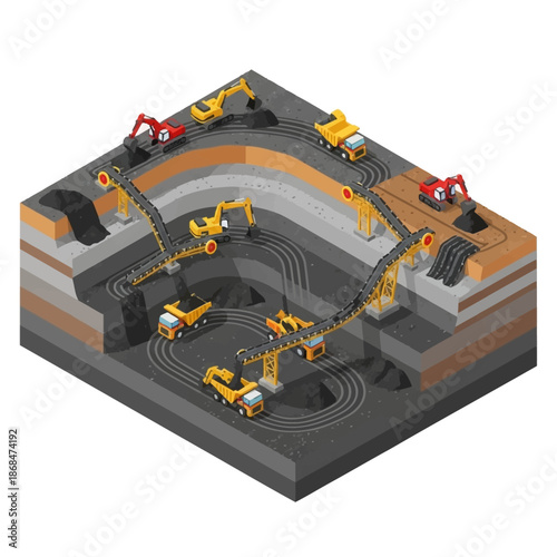 Isometric view of a large open-pit mine with heavy machinery.