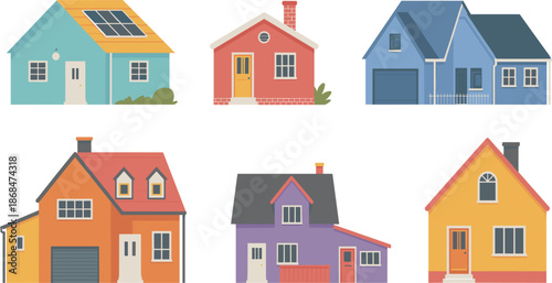 Set of colorful suburban house illustrations with various architectural styles including cottage, garage, and solar panels