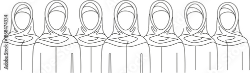 Group of Muslim women wearing traditional hijab in continuous line art style representing cultural diversity and religious identity.