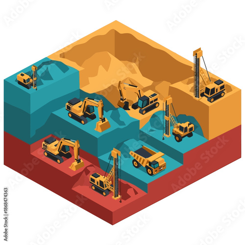 Isometric view of a multi-level construction site with various heavy machinery at work.