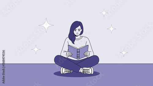 Young woman reading a book, sitting cross-legged, with stars in the background.