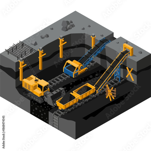 Isometric view of an underground mining operation with heavy machinery.