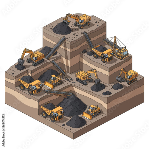 Isometric View of Open-Pit Coal Mining Operation with Heavy Machinery.