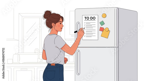 Woman Writing To-Do List on Refrigerator in Kitchen