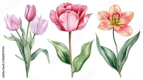 Wallpaper Mural Elegant floral arrangement of tulips and lily on white background, watercolor style Torontodigital.ca