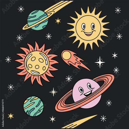 space Cartoon pattern featuring planets, stars, and rockets on a dark background. 