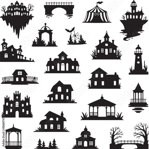black and white silhouette illustrations of various buildings and structures