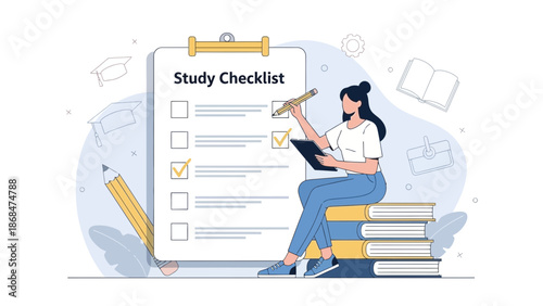 Student checking tasks on study checklist with books and graduation caps illustration