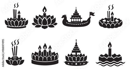 Line art Thai festival icon set featuring krathongs, candles and a traditional boat for Loy Krathong celebration