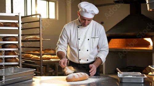 A baker skillfully dusting flour over fresh bread in a warm bakery, showcasing the art of baking with wooden surfaces and a rustic oven backdrop