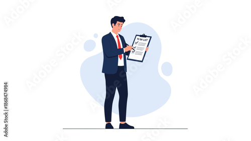 Businessman checking to do list on clipboard, task management, planning, organization, strategy