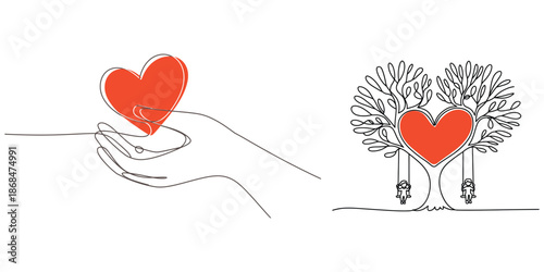 A continuous line drawing illustrating family love and connection through a giving hand and a heart-shaped tree with children Vector, illustration