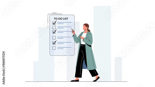 Woman checking off tasks on to-do list with progress bars in background