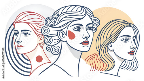 two girls in a row,Elegant Line Art Illustration of Three Women Profiles with Aesthetic Braided Hairstyles and Minimalist Pastel Accents