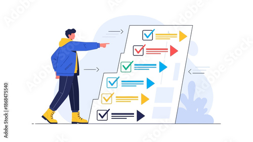 Man pointing at checklist with progress arrows, business strategy and planning concept
