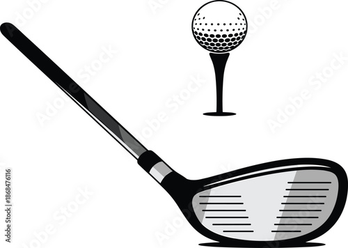 Golf club driver and ball on tee illustration in black and white for professional sports and tournament concept