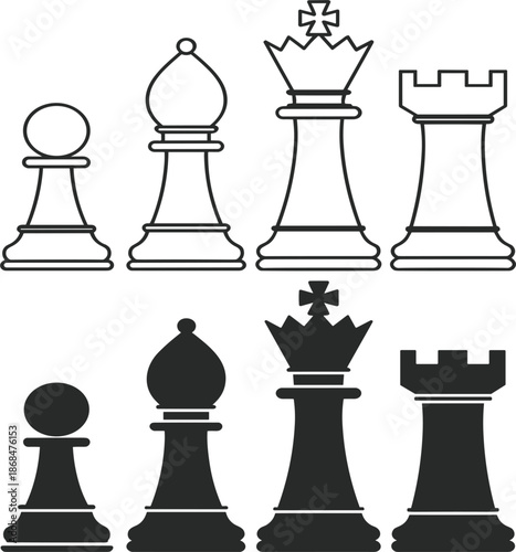 Chess piece vector icon set with pawn, bishop, queen, and rook in black and white line art for strategy gaming and competition concept