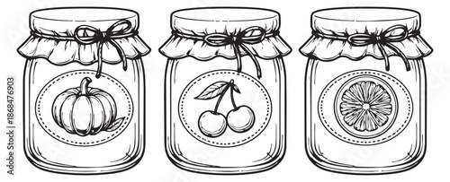 Hand drawn line art jar set featuring pumpkin, cherry, and citrus labels for food and kitchen design
