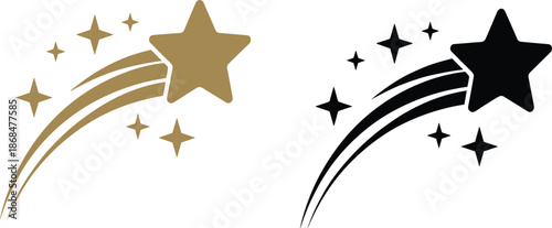 Golden and black shooting star vector icon set with sparkling trails for magic wish and astronomical celebration concept