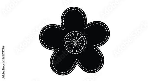 Black flower silhouette with white dashed stitch marks around the edges and center, creating a fabric patch or applique effect.